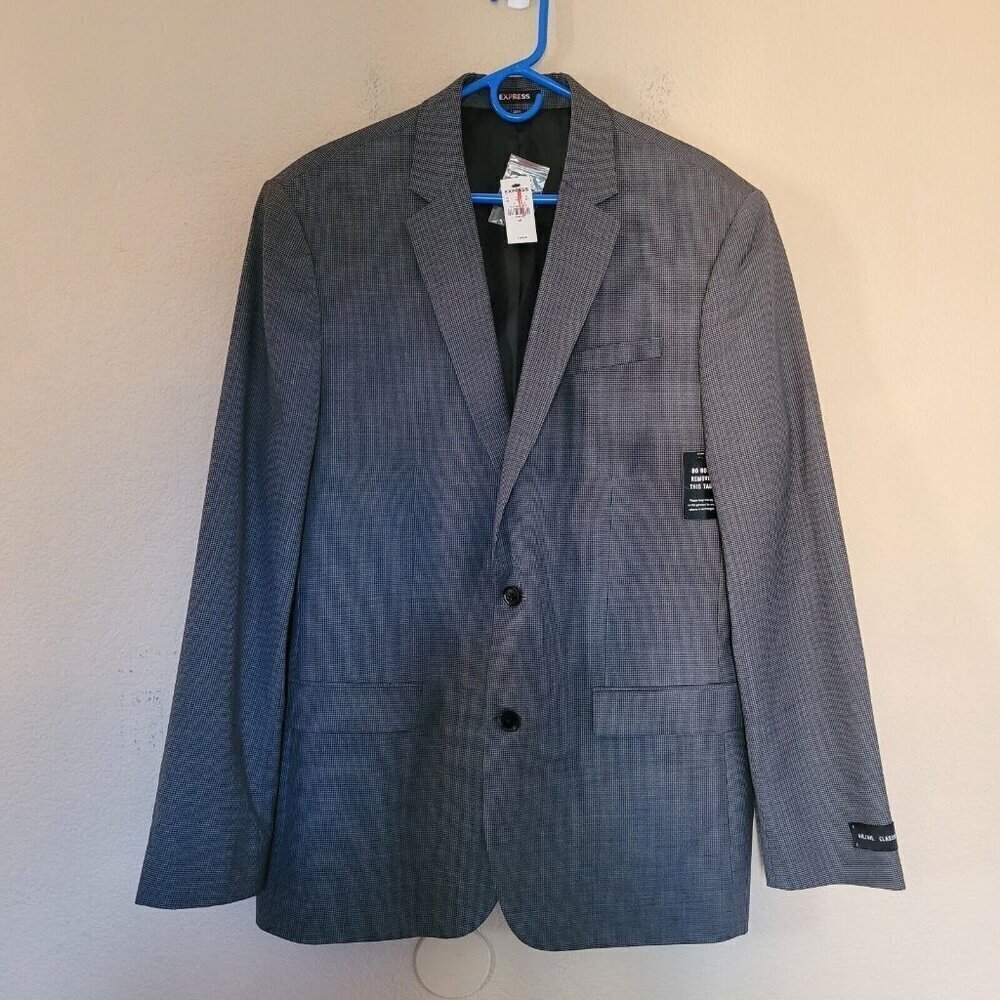 Express Mens 100% Wool Gray Blazer sz 44L Classic Houndstooth 2 Button Front Nwt